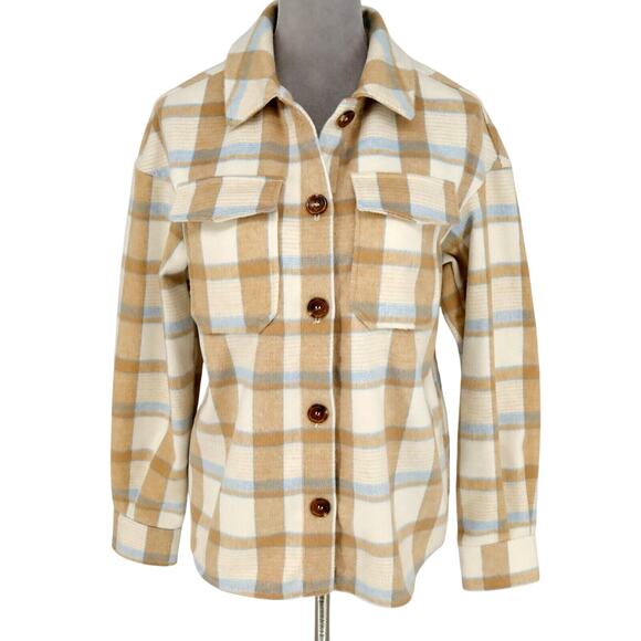 Avec Les Filles Jackets & Blazers - Avec Les Filles Jacket Womens XS Beige Ivory Blue Plaid Flannel Top Shacket New